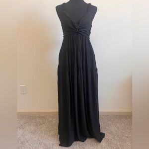Mustard Seed Black Tiered Maxi dress Tie Back Pockets Evening Event Sz S